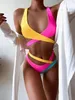 Sexy contraste cor biquini 2021 nova cintura alta roupa de maiô mulheres transversal push up swimwear feminino oco fora biquíni conjunto de banhos