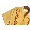 [EAM]女性黄色のフリルスプライスビッグサイズシャツのドレスラペル半袖ファッション春秋1DD8660 21512