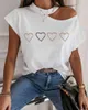 Kvinnor sommar elegant hjärta utskrift kall axel kortärmad casual t-shirt 210415