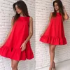 Sexy zomer jurk vrouwen ruche mouwloze losse casual jurken strand jurk mini vestidos partij rood groen korte sundress 210507