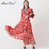 Runway Spring Party Maxi Dresses Women's Elegant Ruffles Long Sleeve Red Flower Print Custom Plus Size Dress S-5XL 210524