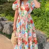 Neploe Maxi Sukienki dla Kobiet Koreański Vintage Eleganckie Vestidos Mujer V-Neck Rękaw Puff Robe Lace Up Slim Floral Dress 210422