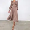 Minimalist Long Sleeve V-neck Chic Casual Ladies Robe Korea Vestido Pink Brown Satin Lantern Dress 16W79620 210510