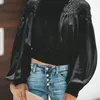 Women Blouse Black White Chiffon Fashion Shirts Stand Collar Lantern Sleeve Vintage High Waist Shirt 210524
