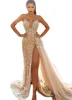 2022 Plus Size Arabic Aso Ebi Champagne Mermaid Beach Wedding Dress Spaghetti Lace Beaded Tulle Bridal Gowns Dresses ZJ2212129