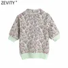 Zeefity Dames Vintage Floral Print Jacquard Gebreide Sweater Vrouwelijke revers Collar Korte mouw Pullovers ChiCh Merk Tops SW808 210603