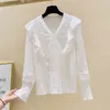 Kore Gevşek V Yaka kadın Gömlek Vintage Uzun Kollu Tatlı Kadın Bluz Dantel Dikiş Flare Katı Kadınlar 11422 210508
