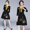 Autumn Women Sweet Bow Collar Floral Embroidery Dress Three Quarter Sleeve High Waist Ladies Black Casual Mini Dresses 210416