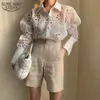 Floral borduurwerk Hoge kwaliteit holle tops lente witte kant blouse sexy doorkijk door lange mouw shirt plus size 13369 210417