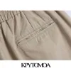 KPYTOMOA Kadınlar Chic Moda Yan Cepler Bermuda Şort Vintage Yüksek Elastik Bel Fermuar Fly Kadın Kısa Pantolon Mujer 210719