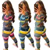 Conjunto de pantalones de dos piezas para mujer, trajes de rayas de colores sexis, camiseta de manga larga de hilo, pantalones, ropa deportiva de moda callejera