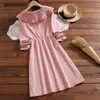 Japanese Mori Girl Spring Autumn Women Dress Peter Pan Collar Apricot Pink Lace Up Vestidos High Waist Kawaii Corduroy Dresses 210520