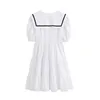 Women Sweet Fashion Pleated Patchwork Mini Dress Preppy Style V Neck Puff Sleeves Dresses Girls Chic Outfits 210520