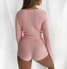 Повседневный тонкий свитер 2 части наборы женщин сексуальный розовый с длинным рукавом V-образным вырезом молнии кардиган топы + тонкие шорты осень зима леди наряда 210522