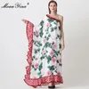 Spring Women Lace up Dress One-shoulder Irregular Collar Floral-Print Cascading Ruffle Vacation Party Maxi Dresses 210524