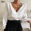 Fashion Solid V Neck Women Blouse and Tops Streetwear Loose Long Sleeve Shirts Black White Female Clothing 13066 210508