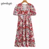 Multicolor Floral Print Dress Women V Neck Puff Sleeve High Waist A-line Midi Vestido Mujer Holiday Summer Boho 210430
