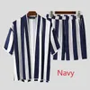 Summer Men Striped Sets Streetwear Tracksuits Loose Open Stitch Short Sleeve Shirt Fashion Shorts Beach Breathable Casual Mens Set