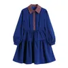 French Vintage Blue Women's Dress With Chic Shawl High Waist Slim Draped Vestidos Female Elegant Party Club Crop Shirts Frocks 210417
