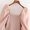 Aachoae Femmes Organza Patchwork Blouse tricotée Chic Voir à travers la chemise extensible Femme Col carré Rose Tops courts 210413