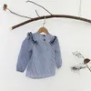 1-7Yrs Baby Girls Shirt Spring Autumn Cotton White Blue Striped Embroidery Flower Flare Sleeve Kids Blouse 210429