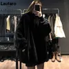 Lautaro Winter Black Oversized Faux Fur Jacket Women Long Sleeve Stand Collar Korean Fashion Arrivals Womens Clothing 211110