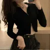 Jocoo Jolee Fashion Black Ribbed Zip-up Cardigans Casual Turn-down Collar Long Sleeve Autumn Sweater Sexy Cropped Tops Knitting 210806