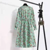 Kvinnors Blommor Tryckt Casual Chiffon Klänningar Vår Höst Kvinna Vintage Flare Långärmad Bow Midi Dress Mujer Vestidos 210514