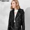 YUKIESUE women leather jacket spring autumn new multi zipper PU leather jacket short belt slim jacket motorcycle clothing 210412