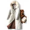 Пуховик женщин длинные белые утка пальто толстые реальные лисы мех с капюшоном зима женские пухлые перья Parka outwood 210430