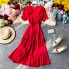 Elegant V Neck Vestidos Korean A-line Women Dress High Waist Retro Summer Dresses Holiday Robe Beach Style 16813 210415