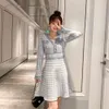 Fashion Houndstooth Plaid Knitted Chic Women Long Sleeve V-Neck Fringed Tassels Golden Button Knit Sweater Dress 210416