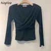 Koreański V-Neck Cross Drobe Design Slim T Shirt Kobiety Work Style Ol Multicolor Casual Tees Jesień Zima Sexy Lady Top 210422