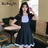 Kawaii Платья Женская Лоскутная Урожай Slim A-Line Черный Коротким Рукавом Мини Платье Милые Летние Плюс Размер Vestidos 210506