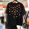 Nomikuma Love Heart Wzór Lato T Shirt Kobiety O Neck Krótki Rękaw Casual Luźne Koszulki Koreański Styl All-Match Topy Camisetas 210514
