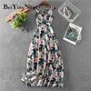 BEIEYNI V-Neck Kleider für Frauen Blumen Gedruckt Sexy Backless Beach Boho Casual Urlaubskleid Hohe Taille Strap Kleidung Kleidung Y1204