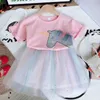 Sommarflickor kläder Set Elegant Bow Princess Girl Cartoon T-shirt + Tulle Kjol 2PCs Barnkläder Set Barn 210625