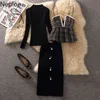 Arbetsklänningar NEPLOE Fashion 3 Piece Set Kvinnor Slim Pullover Stoppar Woolen Plaid Vest High Waist Bodycon Skirt Koreansk Knit Suit Femme Roupas