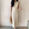 Summer Korean Knitted Sleeveless Dress Women O-neck Sashes Long Dresses Elegant Solid Fashion Sweater Vestidos Femme 210513