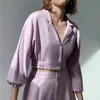 Фиолетовый отворотный урожай блузки женщин V-образным вырезом однобортный летучий рукав рукава женских рубашек Blusas Chic Tops 210430