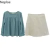 Neploe Spring Women Suits Long Sleeve Loose Blouse Top High Waist A-line Skirts Two Piece Sets Korean Elegant Fashion Ropa Mujer 210422