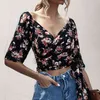 Koreanska Sexiga Print Chiffon Shirt Toppar Lady Blouse Kvinnor V-Neck Eleganta Blommor Kors Lacing Up Top Kvinnor Blus och Skjortor 210514