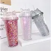 Sequined A Free Water Bottle with Straw Plastic Flash Cat Ear Double Wall Drinking Coffee Juice Cup 210908