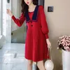 Women Beige Red Patchwork Slash Neck Knitted Long Sleeve Buttun A Line Elegant Mini Dress Female D2040 210514