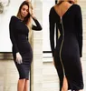 Casual Sukienki Sexy Back Zip Długim Rękawem Długość Długość Damska Kobiety Czarny Backless Bodycon Elegancki Split Party 2021