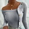 Sexy Patchwork Dzianiny Slim Skew-Collar Button Z Długim Rękawem Kobiet Sweter 2021 Jesień Moda Lady Sweter