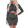 Casual Dresses Kvinnor Långärmad Hål Out Kinked Mini Dress Wrap Slim Fit Club Evening Sexig Bodycon Plus Storlek Festival Kläder