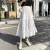 White Chiffon Ruffle Boho Pleated Skirt Vintage Summer Black Elastic High Waist Long Women Plus Size Spring Korean Saia 210421