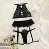 Sütyen Setleri Lenceria Seks Shop Kadın Seksi Iç Çamaşırı Dantel Sutyen Hollow Tanga Jartiyer Pijama Siyah Set S-XL Lengerie Femenina