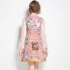 Sommar Sweet Ruffles Lace Patchwork Pink Jacquard Women Flare Sleeve Stand Collar Bow Ribbon Flower Print Mini Dress 210416